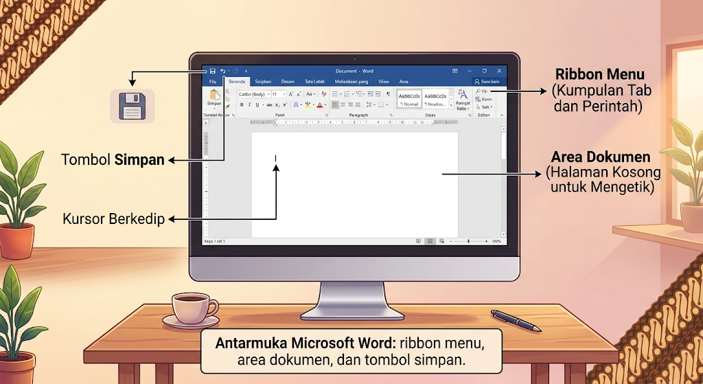 Mengenal antarmuka Microsoft Word: ribbon menu dan area dokumen.